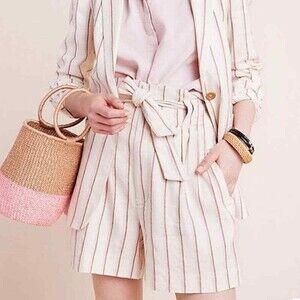 Anthropologie Paperbag Linen Blend Shorts Size 6 Ivory Multi Striped EUC B41